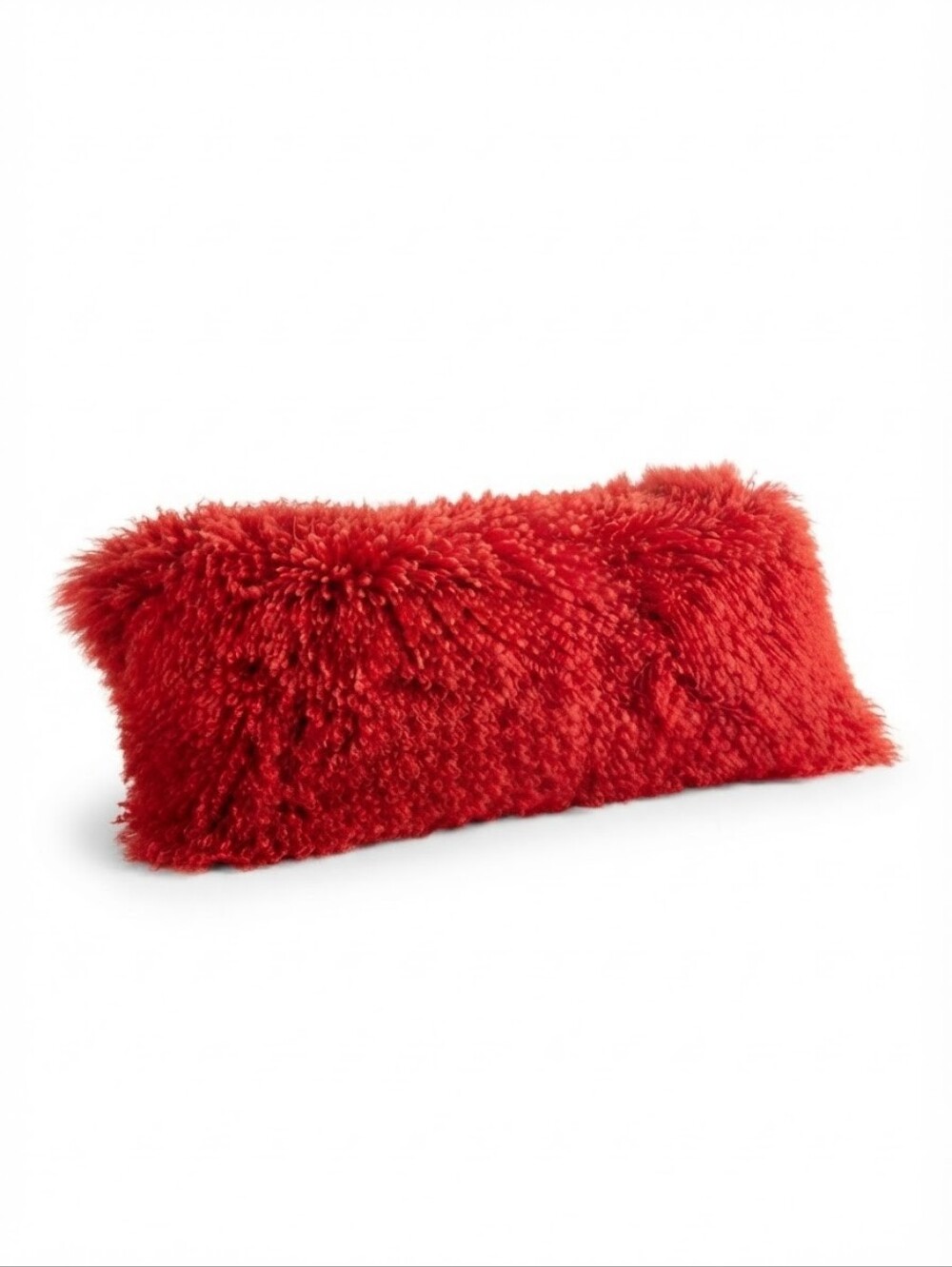 Large Real Mongolian Fur Lumbar Pillow | 35x14" Red Lamb Fur Down-Filled Accent